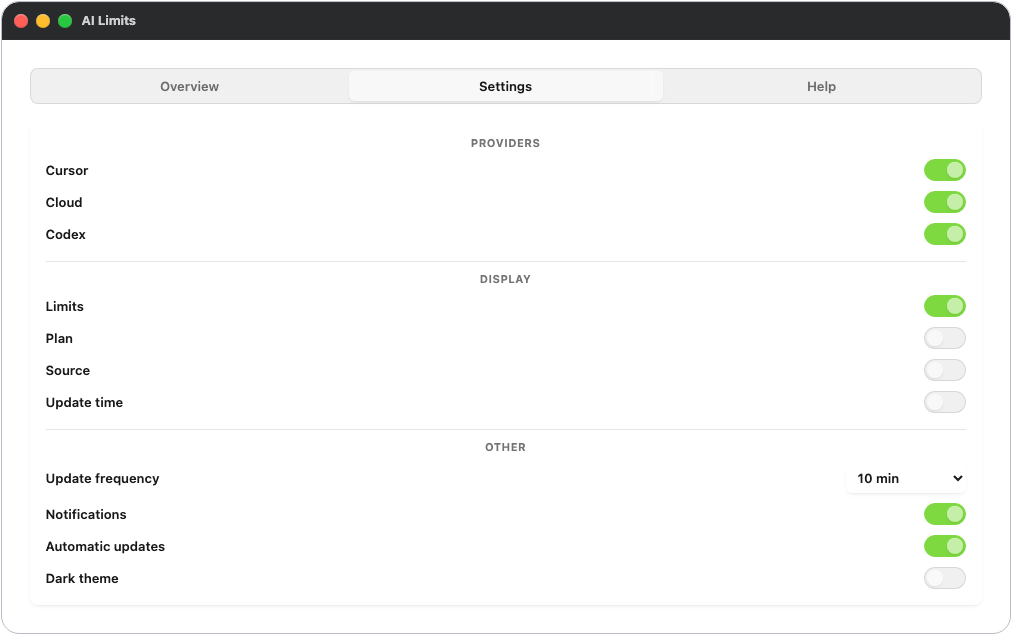 AI Limits settings on macOS