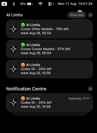 AI Limits notifications in dark mode on macOS