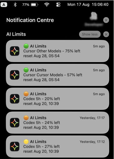 AI Limits notifications in light mode on macOS