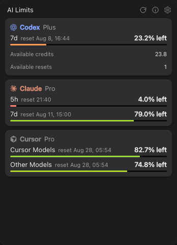 AI Limits popover in dark mode on macOS