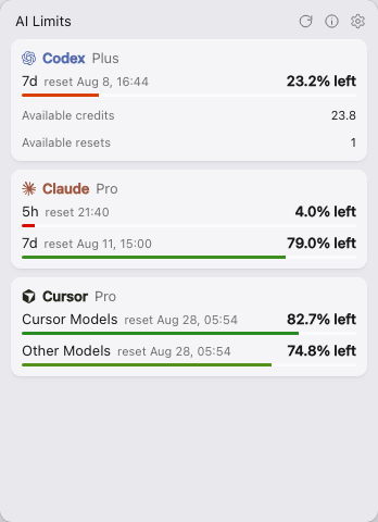 AI Limits popover in light mode on macOS
